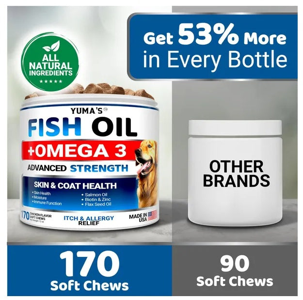 Omega 3 Fish Oil for Dogs 170 Chews – Skin & Coat Supplement – Salmon Oil – Healthy Skin, Shiny Coat – Free Shipping to U.S.