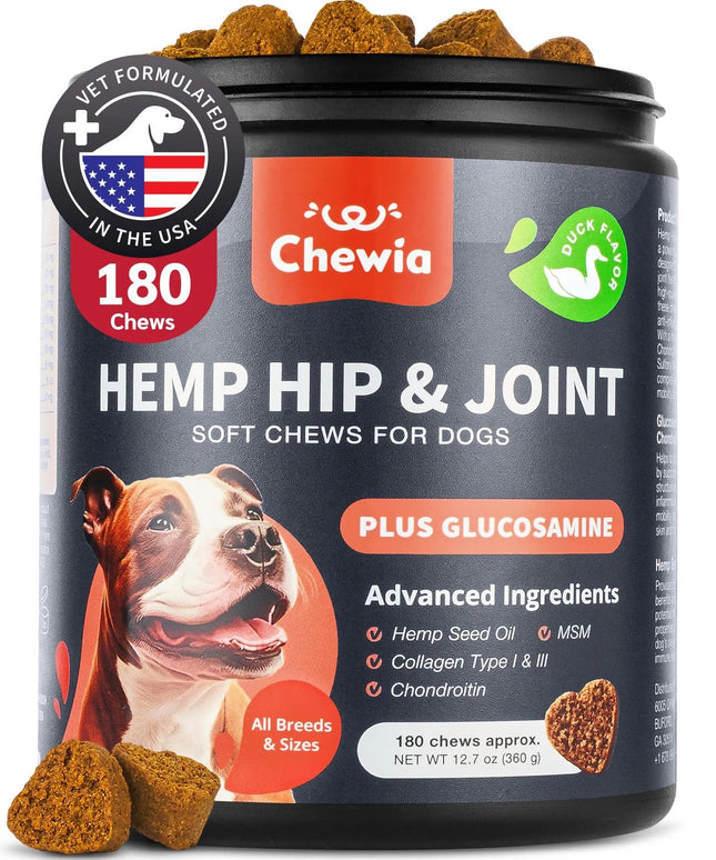 Glucosamine for Dogs - Hemp Hip and Joint Supplement with Chondroitin, MSM, Turmeric & Collagen – Duck Flavor – Healthy Joints & Coat – Free U.S. Shipping