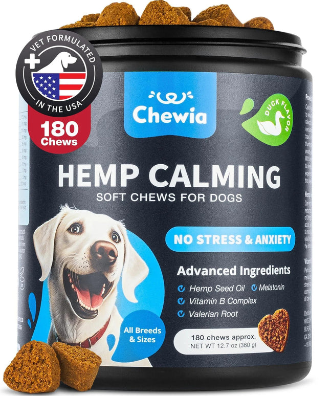 Hemp Calming Chews for Dogs – Stress Relief & Behavior Support – Melatonin, Chamomile, Valerian Root – Free U.S. Shipping