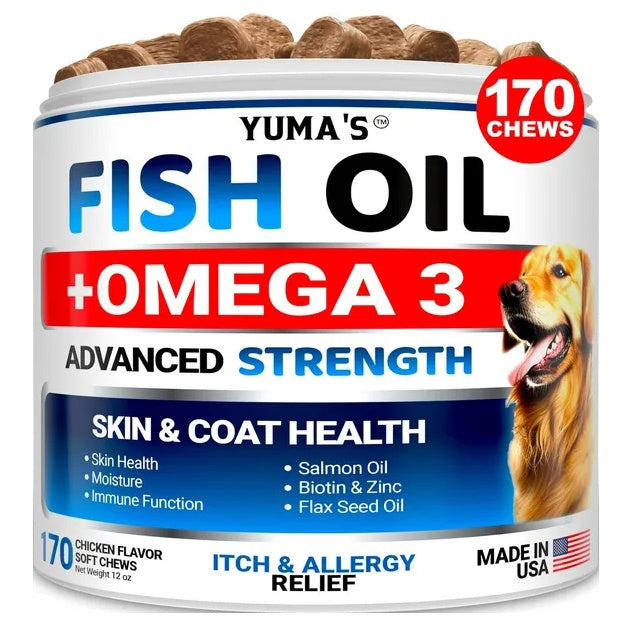 Omega 3 Fish Oil Chews for Dogs – Promotes Shiny Coat & Healthy Skin – 170 Chews – Free U.S. Shipping