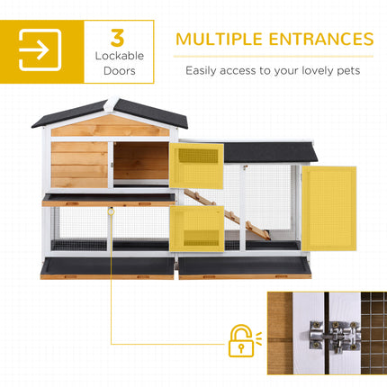 2-Storey Wooden Rabbit Hut with Ramp, No Leak Tray & Weatherproof Roof – Outdoor/Indoor Bunny House – Yellow