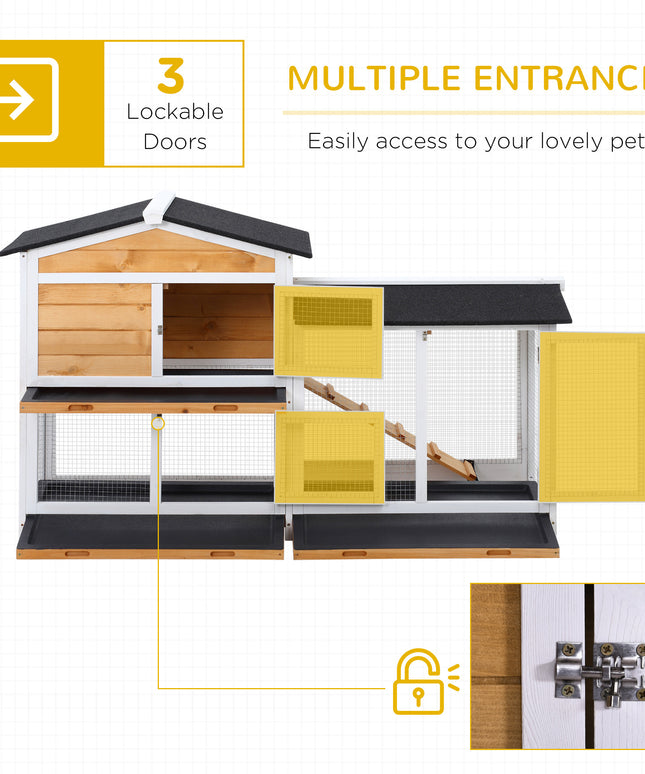 2-Storey Wooden Rabbit Hut with Ramp, No Leak Tray & Weatherproof Roof – Outdoor/Indoor Bunny House – Yellow