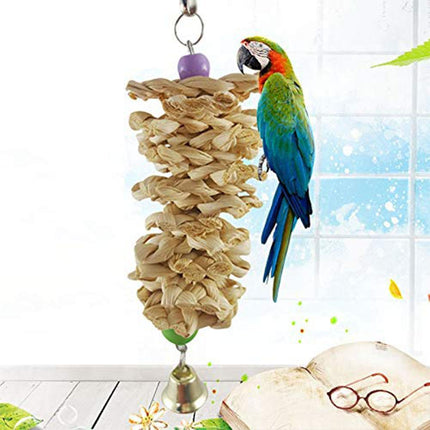 Bird Parrot Toy with Bell – Natural Wooden Grass Hanging Toy for Cage