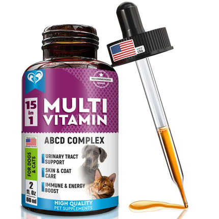 15-in-1 Multivitamin Liquid for Cats & Dogs with Glucosamine and Cranberry for Urinary, Joint, and Skin Support - 60 ml

