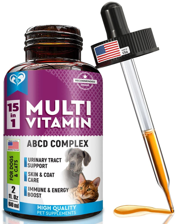 15-in-1 Multivitamin Liquid for Cats & Dogs with Glucosamine and Cranberry for Urinary, Joint, and Skin Support - 60 ml