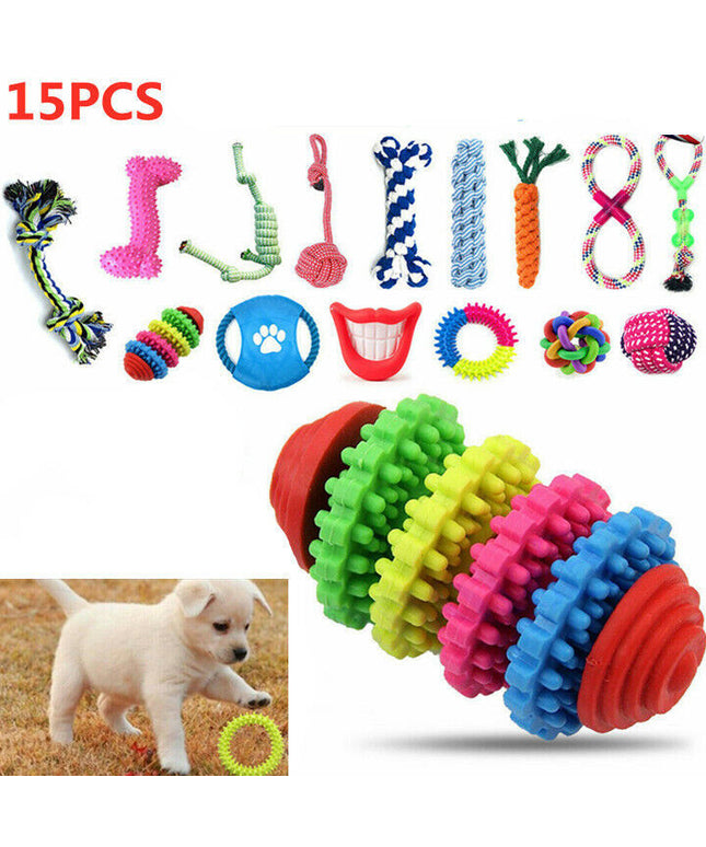 15X Tough Dog Toys Bundle with chew ropes, squeaky balls, and plush toys from Petpexi, perfect for puppies and dogs of all sizes.