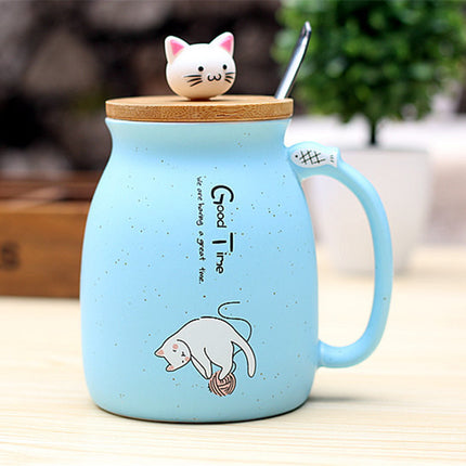 Cute Kitten Cartoon Ceramic Mug with Lid – 420ml Bone China | PetPexi