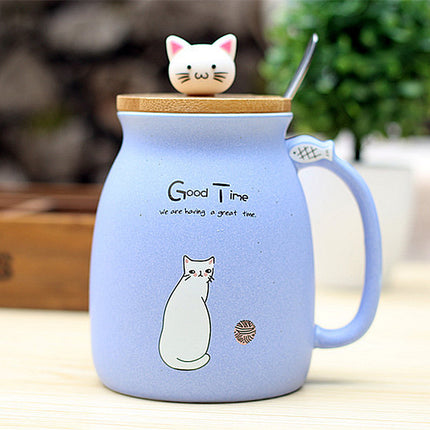 Cute Kitten Cartoon Ceramic Mug with Lid – 420ml Bone China | PetPexi