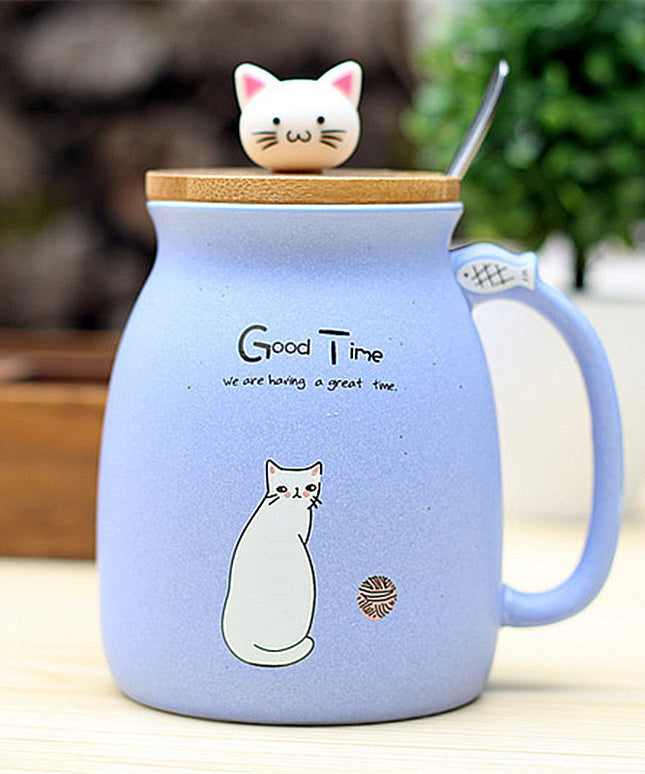 Cute Kitten Cartoon Ceramic Mug with Lid – 420ml Bone China | PetPexi