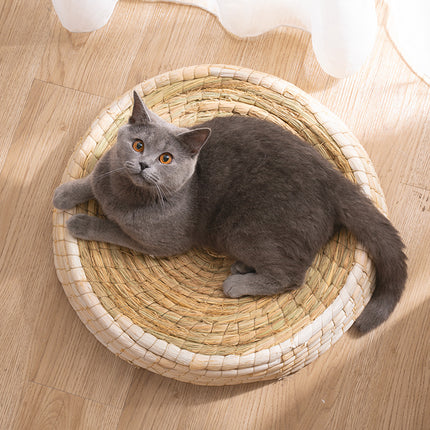 Teng Wok Felt House Cat Bed – Natural Straw & Corn Husk Cozy Nest | PetPexi