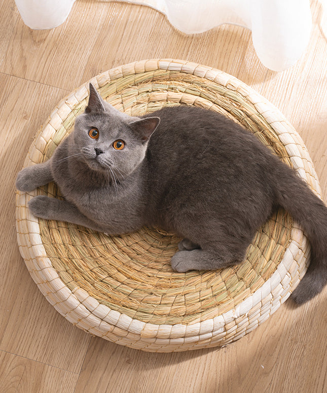 Teng Wok Felt House Cat Bed – Natural Straw & Corn Husk Cozy Nest | PetPexi