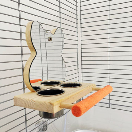 Parrot Puzzle Bird Toy Grinding Claw Stand – Stainless Steel Food Cup & Mirror
