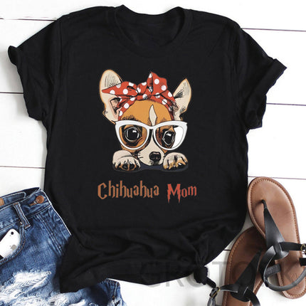 Women’s Dog Mom Dog Print Round Neck Short Sleeve T-Shirt – Slim Fit | PetPexi