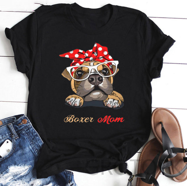 Women’s Dog Mom Dog Print Round Neck Short Sleeve T-Shirt – Slim Fit | PetPexi