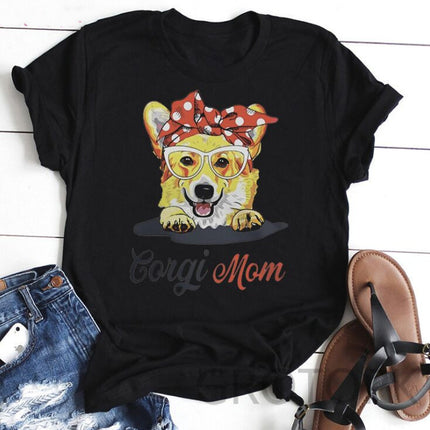 Women’s Dog Mom Dog Print Round Neck Short Sleeve T-Shirt – Slim Fit | PetPexi