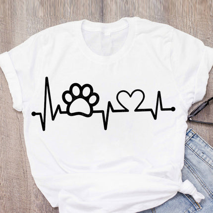 DOG MOM ECG Footprint Love Lady T-Shirt – Soft Milk Silk Short Sleeve | PetPexi