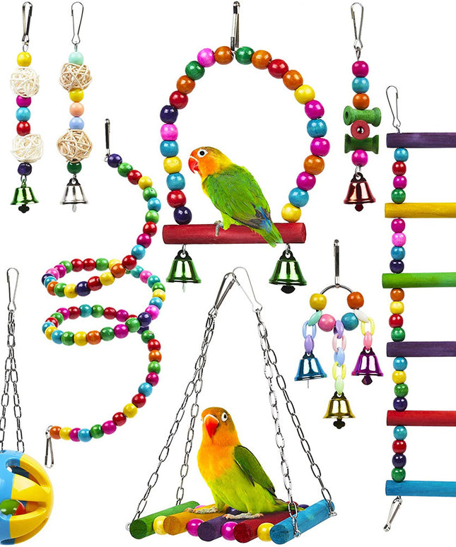 Parrot Combination Toy 10-Piece Set – Wooden Bead Revolving Ladder Swing Stand with Sepak Takraw Chewing Toy for Birds