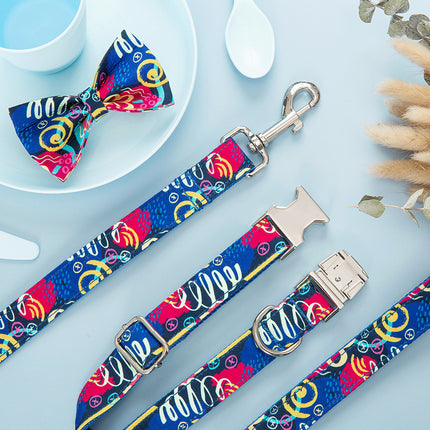 Dog Collar Pet Leash Bow Set - Blue Graffiti Suit - petpexi.com