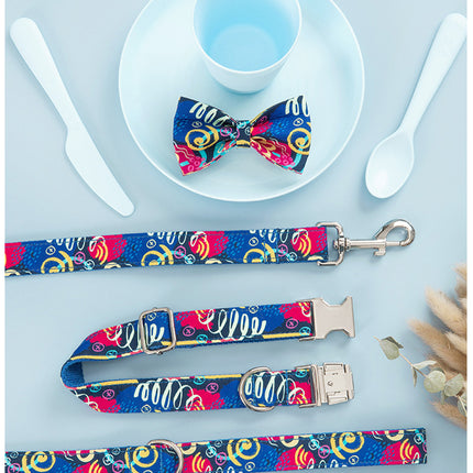Dog Collar Pet Leash Bow Set - Blue Graffiti Suit - petpexi.com