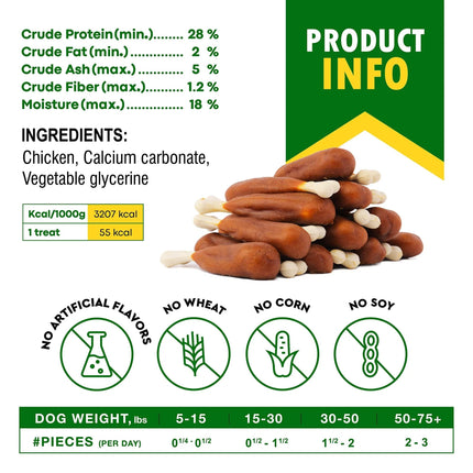 Dog Calcium Bones Wrapped with Chicken - Rawhide Free, Grain Free, Organic Treats for Training - Healthy Dried Snacks for Small & Large Dogs | PetPexi