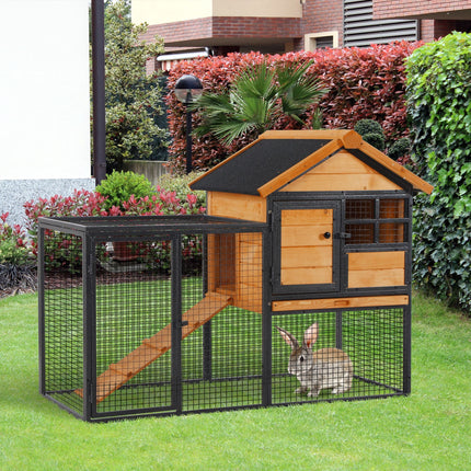 2-Level Rabbit Hutch Bunny Cage with Weatherproof Hinged Asphalt Roof, Removable Tray & Ramp for Outdoor Use

