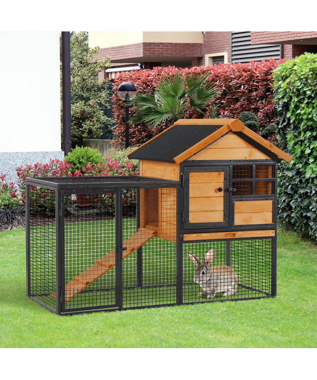 2-Level Rabbit Hutch Bunny Cage with Weatherproof Hinged Asphalt Roof, Removable Tray & Ramp for Outdoor Use

