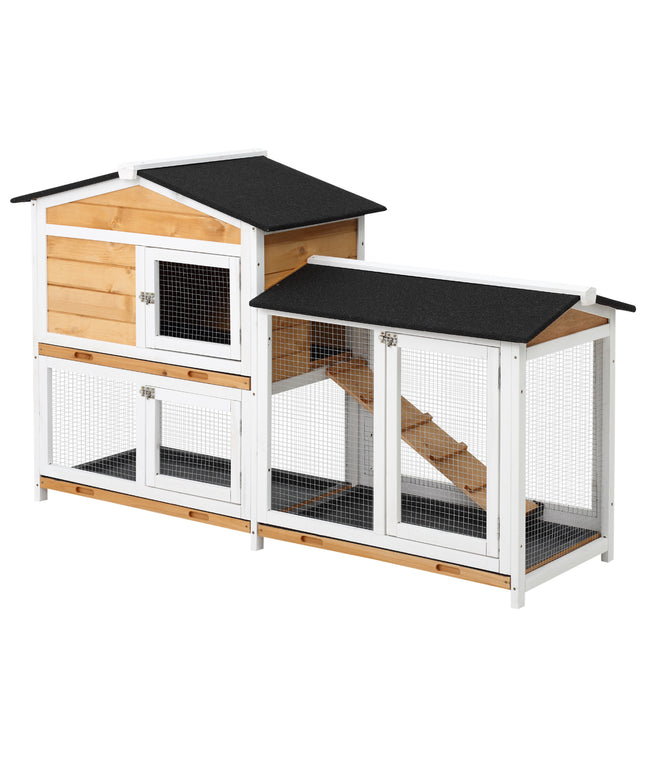 2-Storey Wooden Rabbit Hut with Ramp, Weatherproof Roof, and Outdoor/Indoor Use for Small Animals

