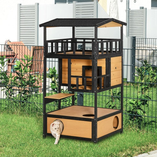 Wooden Outdoor Cat House with Escape Door & Jump Platform | Petpexi