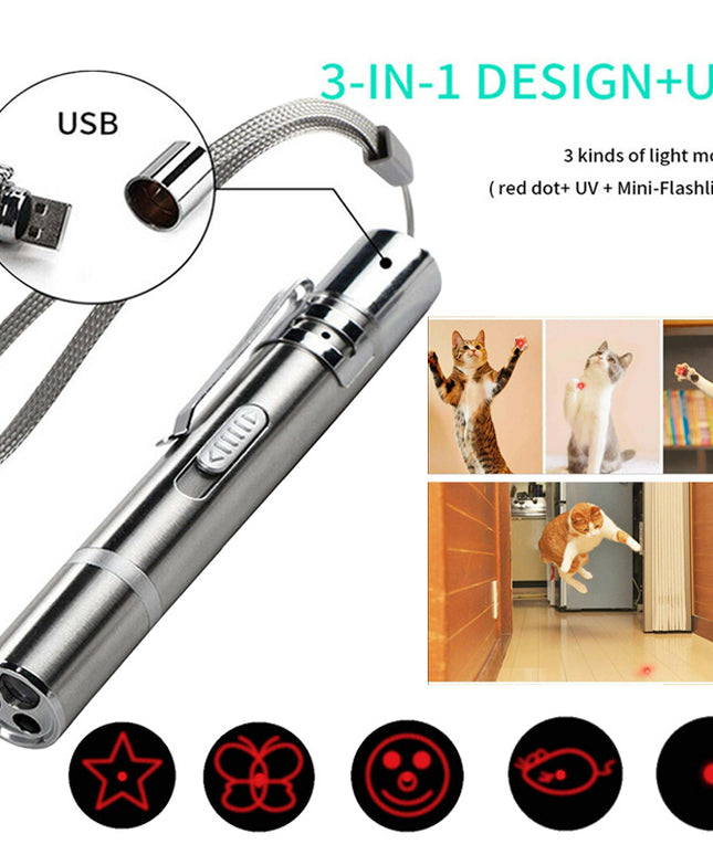 USB Charging Stainless Steel Laser Pointer – 5 Patterns Purple Light Cat Toy | Petpexi