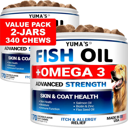 2-Pack Omega 3 Fish Oil for Dogs | Skin & Coat Supplement, Allergy Support, Anti-Shedding, Dry & Itchy Skin Relief | Salmon Oil | Shiny Coat | 340 Chews