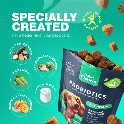 Probiotics For Dogs | Gut Health, Immunity, Yeast Balance & Itchy Skin Relief | 180 Duck-Flavored Chews | Free Shipping to USA | High Quality by Chewia