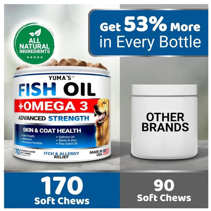 Omega 3 Fish Oil for Dogs 170 Chews – Skin & Coat Supplement – Salmon Oil – Healthy Skin, Shiny Coat – Free Shipping to U.S.