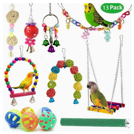 Parrot Combination Toy 10-Piece Set – Wooden Bead Revolving Ladder Swing Stand with Sepak Takraw Chewing Toy for Birds