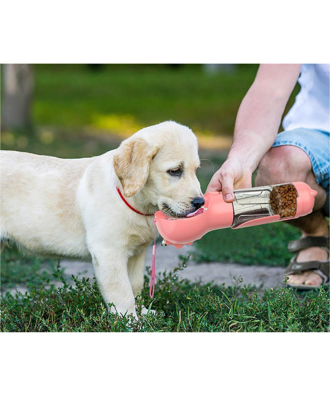 Portable 3-in-1 dog water bottle with feeder bowl and waste bag holder in pink, blue, yellow, and green – travel pet gear from www.petpexi.com


