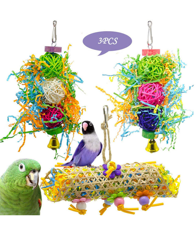 3pcs Bird Toy Parrot Gnawing Supplies – Rattan, Grass & Wooden Toys for birds.

