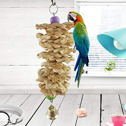 Bird Parrot Toy with Bell – Natural Wooden Grass Hanging Toy for Cage