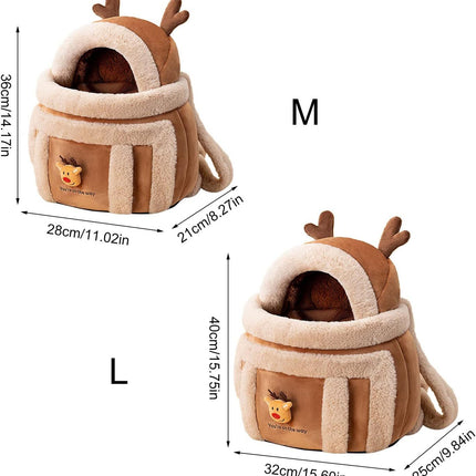 Plush Reindeer Dog Carrier Backpack with Hand Warmers – Winter Travel Bag | Petpexi