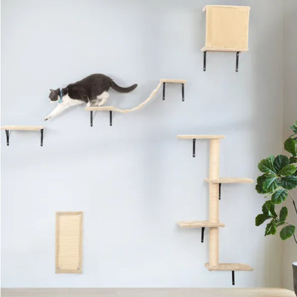 5 Pcs Wall Mounted Cat Climber Set – Floating Shelves, Scratching Posts & Cozy Cat House | Petpexi