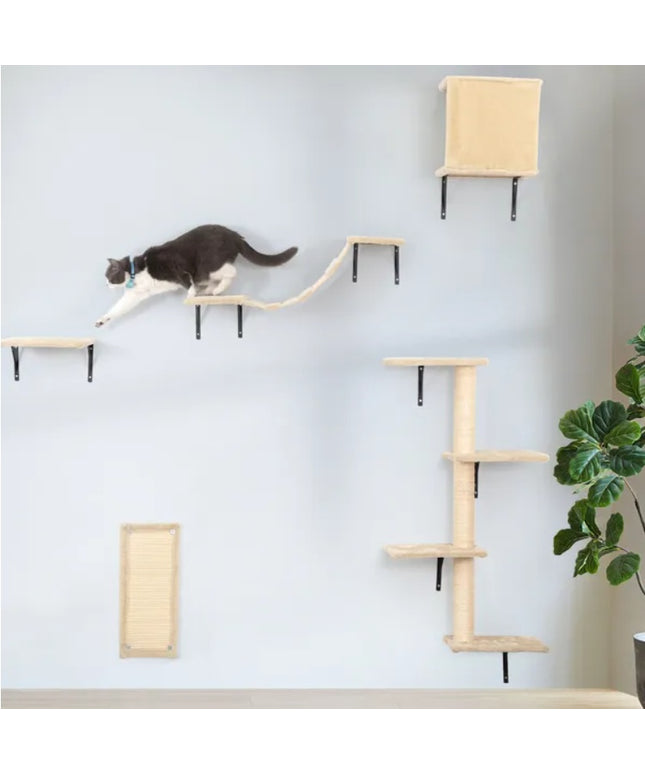 5 Pcs Wall Mounted Cat Climber Set – Floating Shelves, Scratching Posts & Cozy Cat House | Petpexi