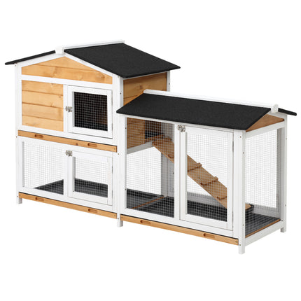 2-Storey Wooden Rabbit Hut with Ramp, No Leak Tray & Weatherproof Roof – Outdoor/Indoor Bunny House – Yellow