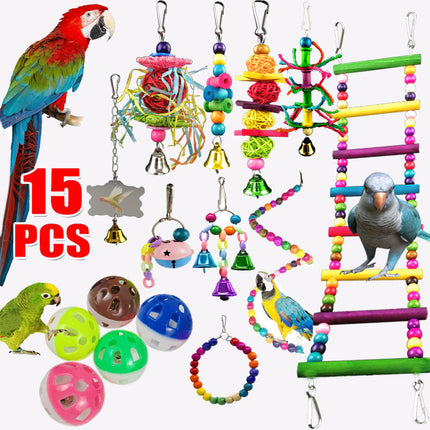 Parrot Combination Toy 10-Piece Set – Wooden Bead Revolving Ladder Swing Stand with Sepak Takraw Chewing Toy for Birds