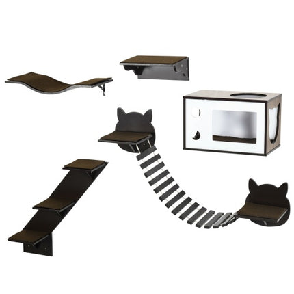 PawHut Wall-Mounted Cat Shelves with Ergonomic Platform & Cozy House – Modern Brown Cat Tree | Petpexi