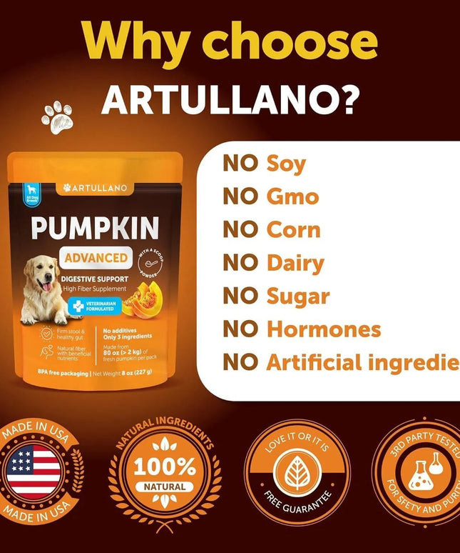 Pumpkin Powder for Dogs – Digestive Support, Constipation Relief, Healthy Skin & Coat – Fiber Supplement for Gut Balance & Firm Stool – 8 Oz – Free U.S. Shipping