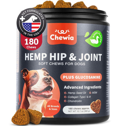 Glucosamine for Dogs - Hemp Hip and Joint Supplement with Chondroitin, MSM, Turmeric & Collagen – Duck Flavor – Healthy Joints & Coat – Free U.S. Shipping