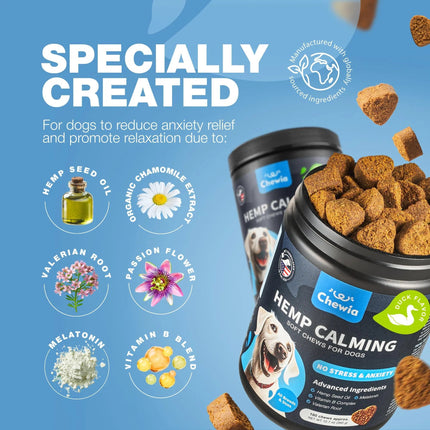 Hemp Calming Chews for Dogs – Anxiety Relief, Stress & Behavior Support – With Melatonin, Valerian Root & Chamomile – Free U.S. Shipping