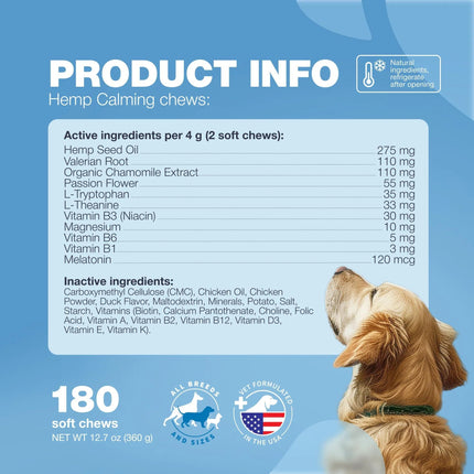 Hemp Calming Chews for Dogs – Anxiety Relief, Stress & Behavior Support – With Melatonin, Valerian Root & Chamomile – Free U.S. Shipping