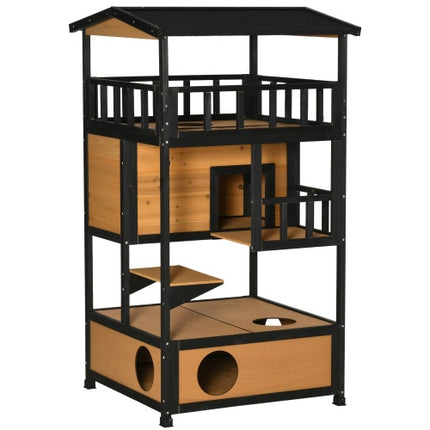 Wooden Outdoor Cat House with Escape Door & Jump Platform | Petpexi