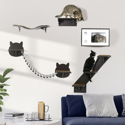PawHut Wall-Mounted Cat Shelves with Ergonomic Platform & Cozy House – Modern Brown Cat Tree | Petpexi