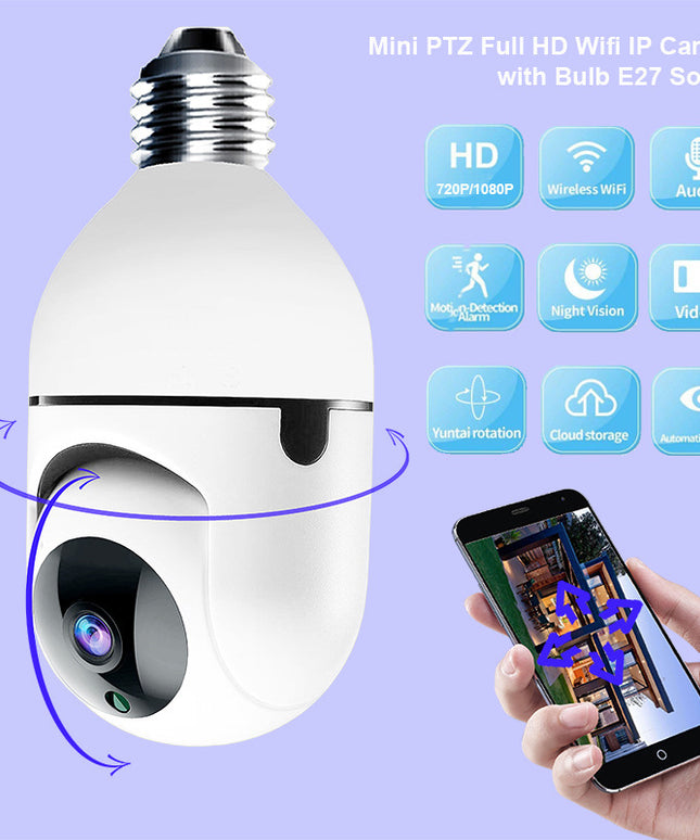 Smart Bulb WiFi Camera with Shaking Head – 1080P Wireless Home & Pet Surveillance