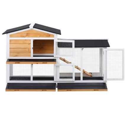 2-Storey Wooden Rabbit Hut with Ramp, No Leak Tray & Weatherproof Roof – Outdoor/Indoor Bunny House – Yellow